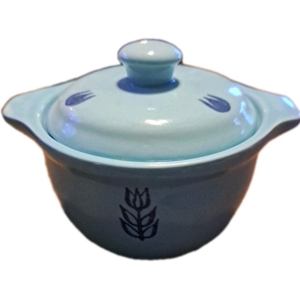 Vintage 1950's Cronin Pottery Blue Tulip Covered Casserole with Lid Serving Dish